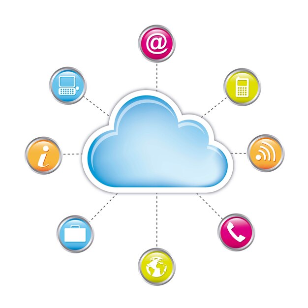 Computación en la nube con el vector aislado de iconos de comunicación