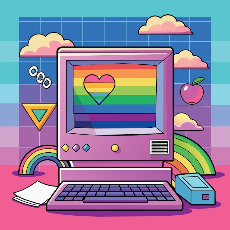 Vector una computadora con un arcoíris en el cielo y un arco iris en el medio