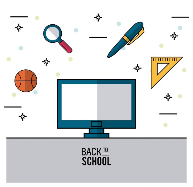 computadora y borrador baloncesto lupa pluma y escuadrón