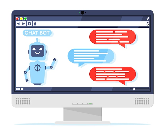 Computadora con chat bot habla en burbuja en pantalla