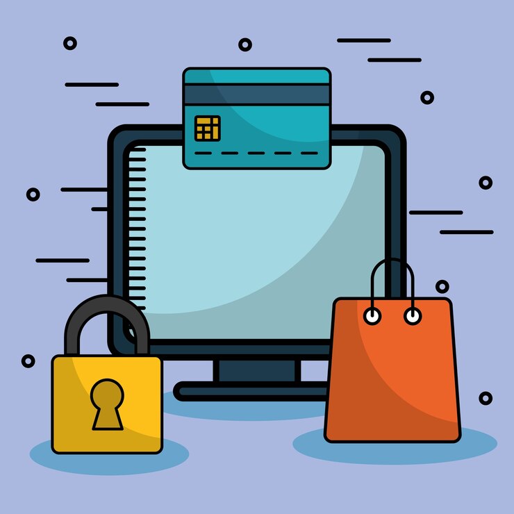Vector computadora y compras relacionadas con iconos
