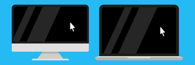 Computadora y computadora portátil con cursor de flecha en pantalla negra. ilustración vectorial
