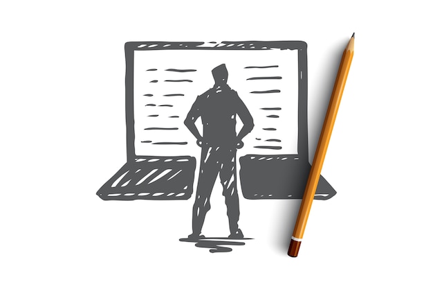 Computadora, computadora portátil, persona, trabajo, concepto de tecnología. Persona dibujada mano y boceto de concepto de portátil moderno.