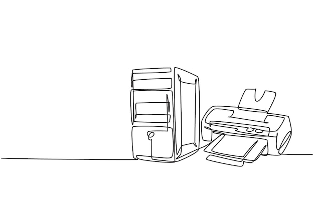 Una computadora de CPU de dibujo de una sola línea con impresora de inyección de tinta para una pequeña oficina en casa Vector de electricidad