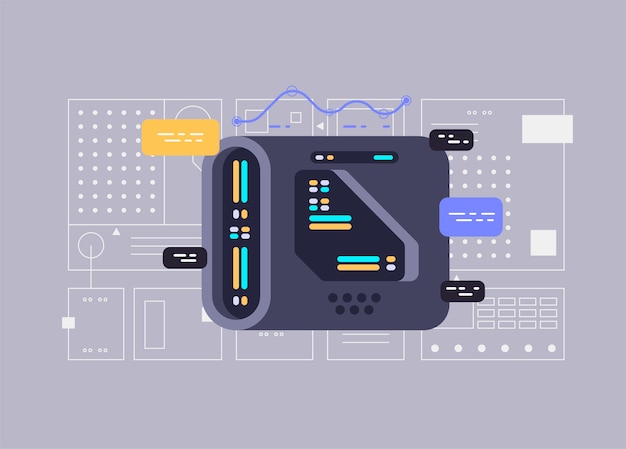 Vector computadora cuántica. desarrollo de software y programación. ilustración vectorial para sitios web