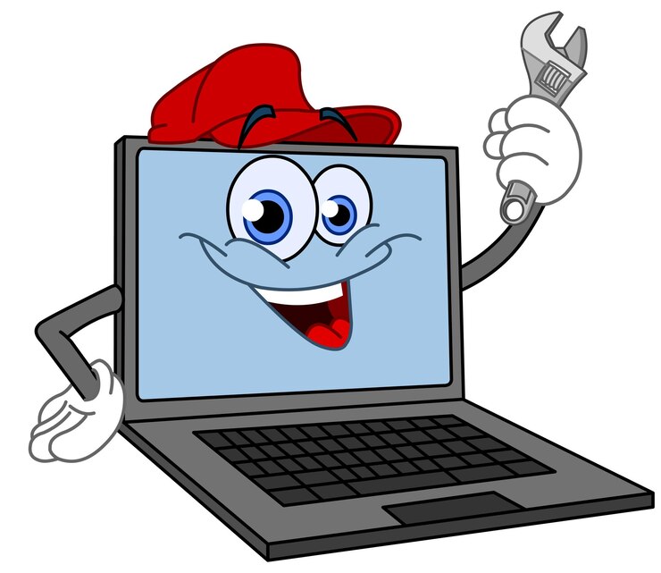 Vector computadora de dibujos animados con una llave inglesa
