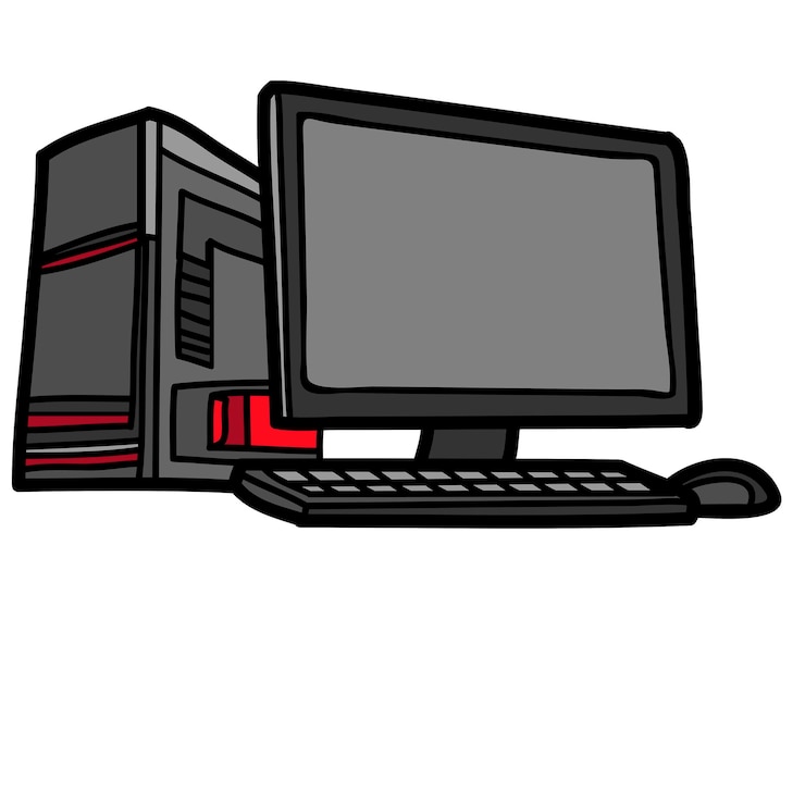 Vector una computadora de dibujos animados con un teclado y un monitor en un fondo blanco