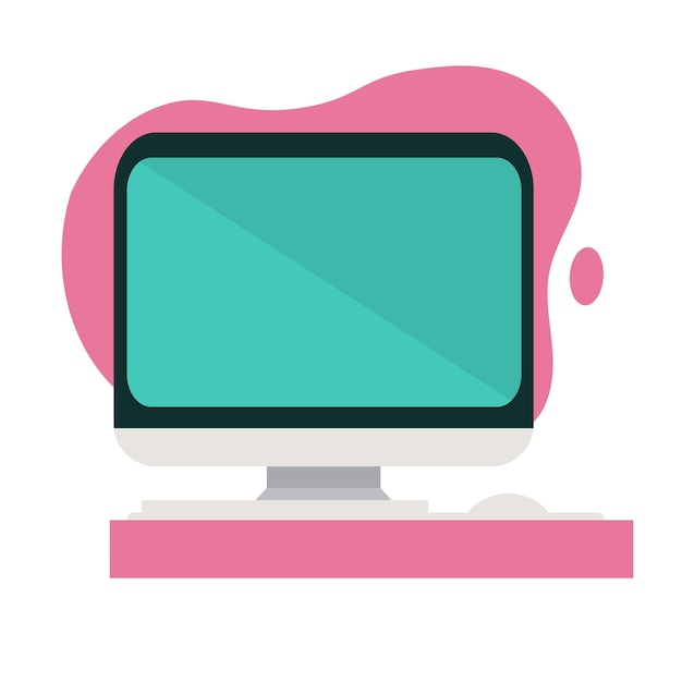 Computadora de diseño plano con teclado y mouse en pantalla rosa Vector