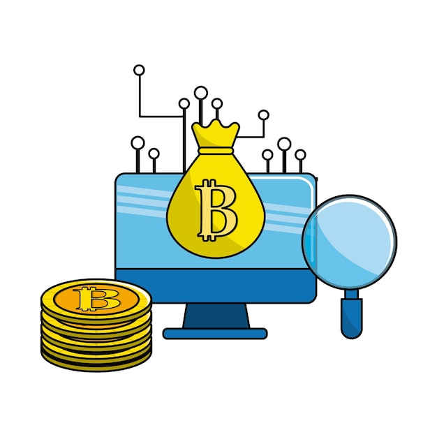 computadora con elementos de circuitos digitales a la moneda de bitcoin