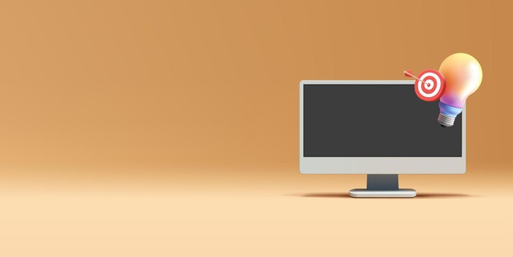 Vector computadora de escritorio con bombilla y dardos objetivo tablero de negocios y estrategia pancarta 3d render