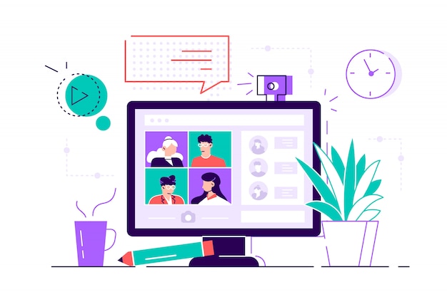 Computadora de escritorio con un grupo de colegas que participan en la videoconferencia. Software para videoconferencia y comunicación en línea. Reunión de trabajo virtual. Ilustración moderna de estilo plano para web
