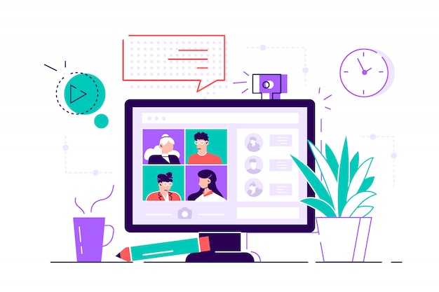 Computadora de escritorio con un grupo de colegas que participan en la videoconferencia. software para videoconferencia y comunicación en línea. reunión de trabajo virtual. ilustración moderna de estilo plano para web