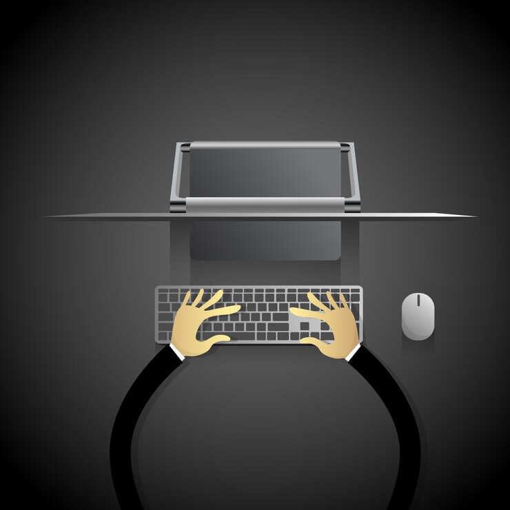 Vector computadora de escritorio moderna computadora de escritorio manos escribiendo teclado