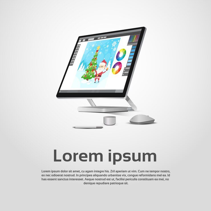 Vector computadora de escritorio moderna diseñador gráfico workplace vector illustration