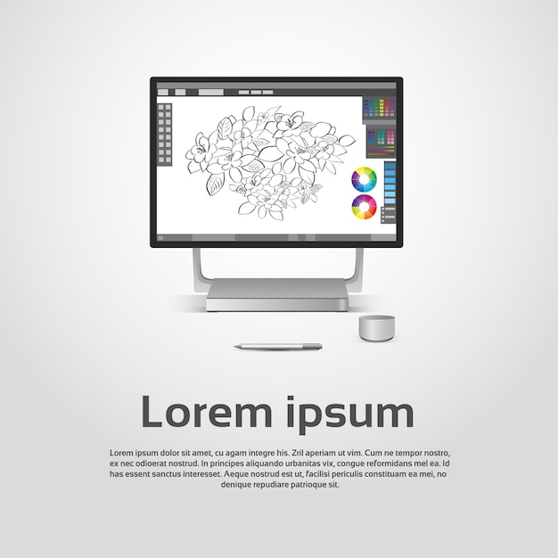 Computadora de escritorio moderna diseñador gráfico Workplace Vector Illustration