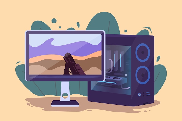 Vector computadora de escritorio y mostrar iconos vectoriales. las computadoras de juego permiten jugar el concepto de videojuegos. ilustración de pc para juegos.
