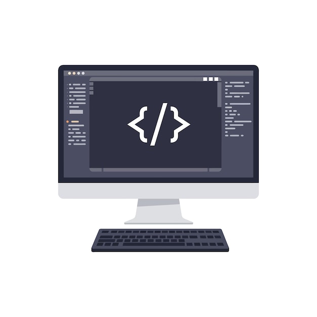 Computadora de escritorio con pantalla de codificación que muestra símbolos de corchetes en una ilustración vectorial de diseño plano mínimo