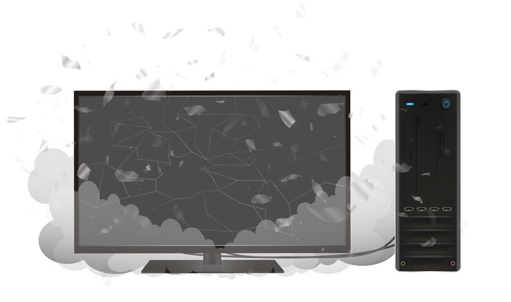 Vector computadora de escritorio rota y monitor