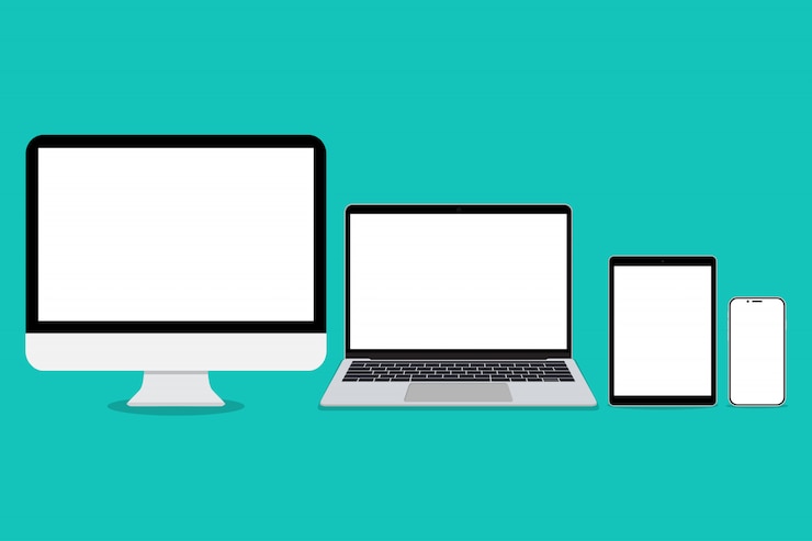 Vector computadora de escritorio, tablet pc, computadora portátil, teléfono inteligente en un diseño plano con pantalla en blanco