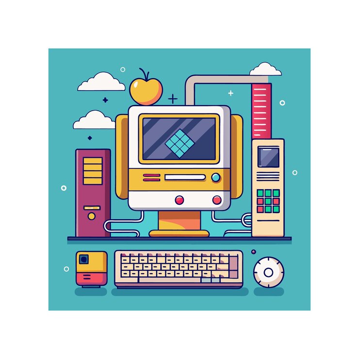 Vector una computadora con un fondo azul con una computadora y un ratón de computadora en ella