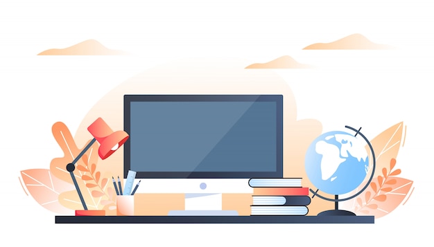 Computadora, globo, libros, lámpara en el escritorio. Diseño de interior del lugar de trabajo en otoño. Vector ilustración plana