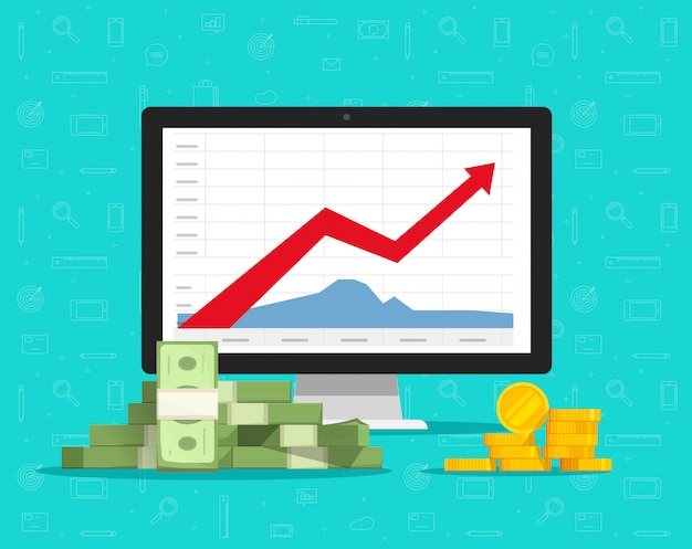 Computadora con gráficos de acciones o gráficos de comercio financiero y dibujos animados planos de dinero