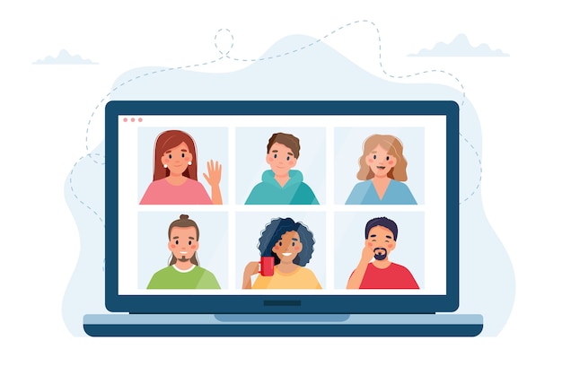 Computadora con grupo de personas haciendo llamada grupal. Reunión online mediante videoconferencia.