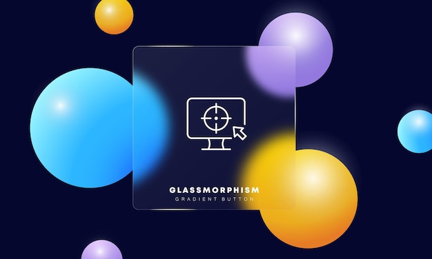 Computadora con icono de línea de objetivo Cursor análisis de datos de audiencia de destino objetivo objetivo objetivo objetivo lograr planificación de logros Concepto de negocio Estilo de morfismo de cristal Icono de línea de vector