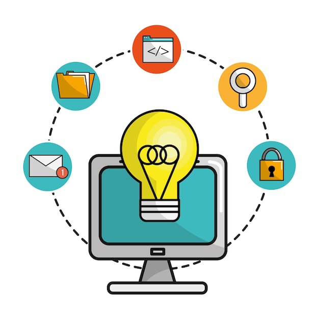 computadora con iconos de bombilla y tecnología de idea