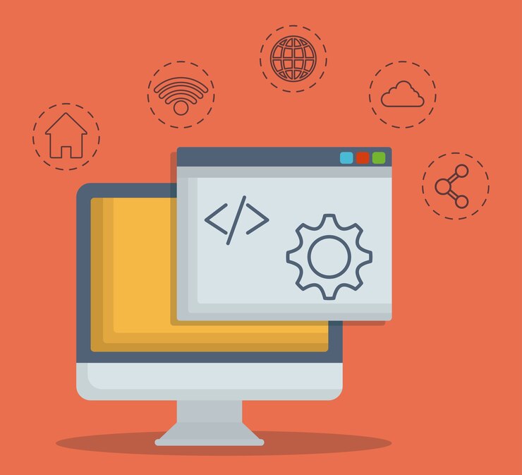 Vector computadora con iconos relacionados con el centro de datos