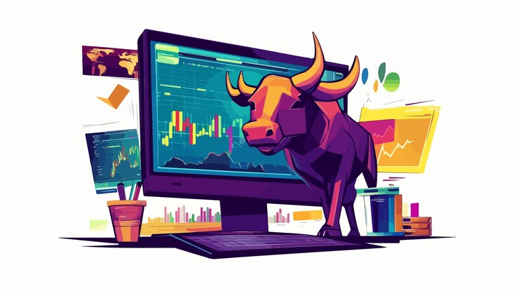Vector computadora de inversión en el mercado de valores en línea y símbolo de toro