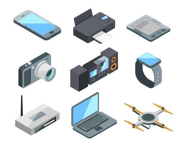 Computadora, laptop, teléfono inteligente y otros aparatos electrónicos aislados.