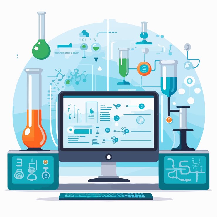 Vector computadora moderna con infografía científica en el escritorio de la pantalla