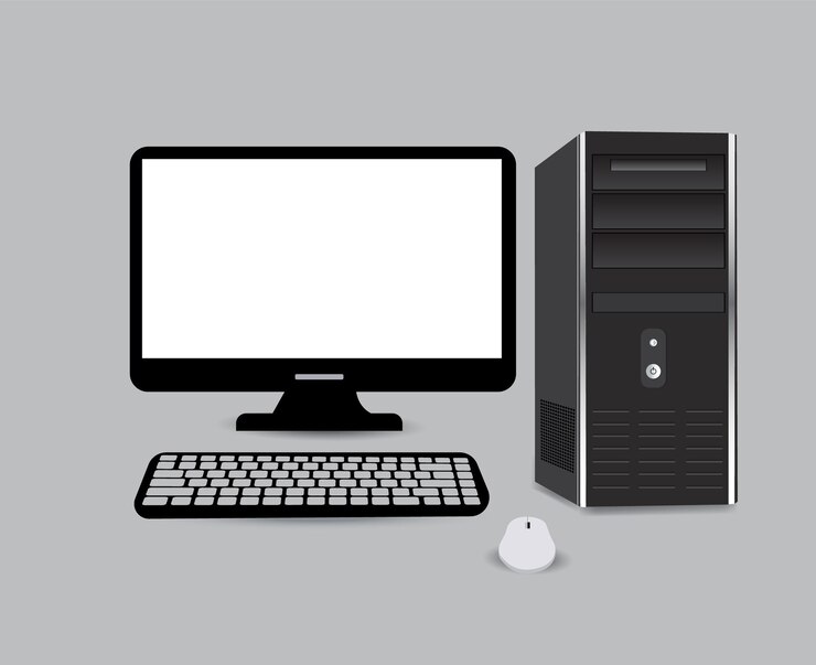 Vector una computadora con un mouse al lado y un monitor.
