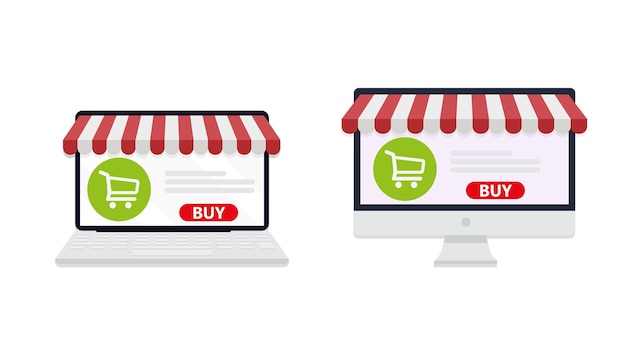 Computadora y pantalla de computadora portátil comprar concepto de compras en línea