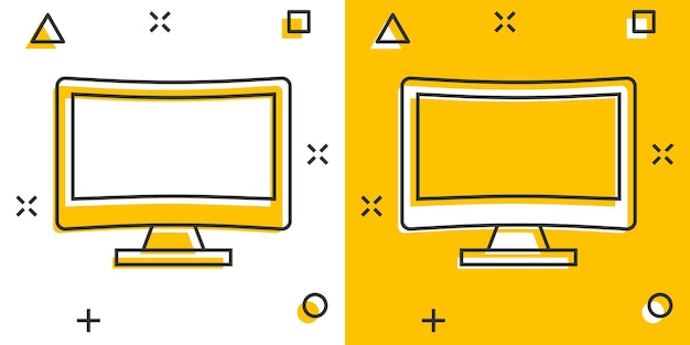 Computadora personal en estilo cómico Ilustración de vector de dibujos animados de pc de escritorio sobre fondo aislado Concepto de negocio de signo de efecto de salpicadura de pantalla de monitor