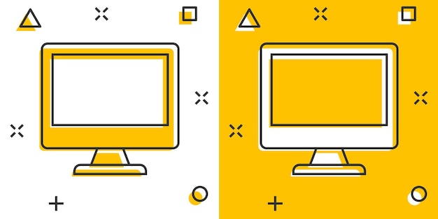 Computadora personal en estilo cómico Ilustración de vector de dibujos animados de pc de escritorio sobre fondo aislado Concepto de negocio de signo de efecto de salpicadura de pantalla de monitor