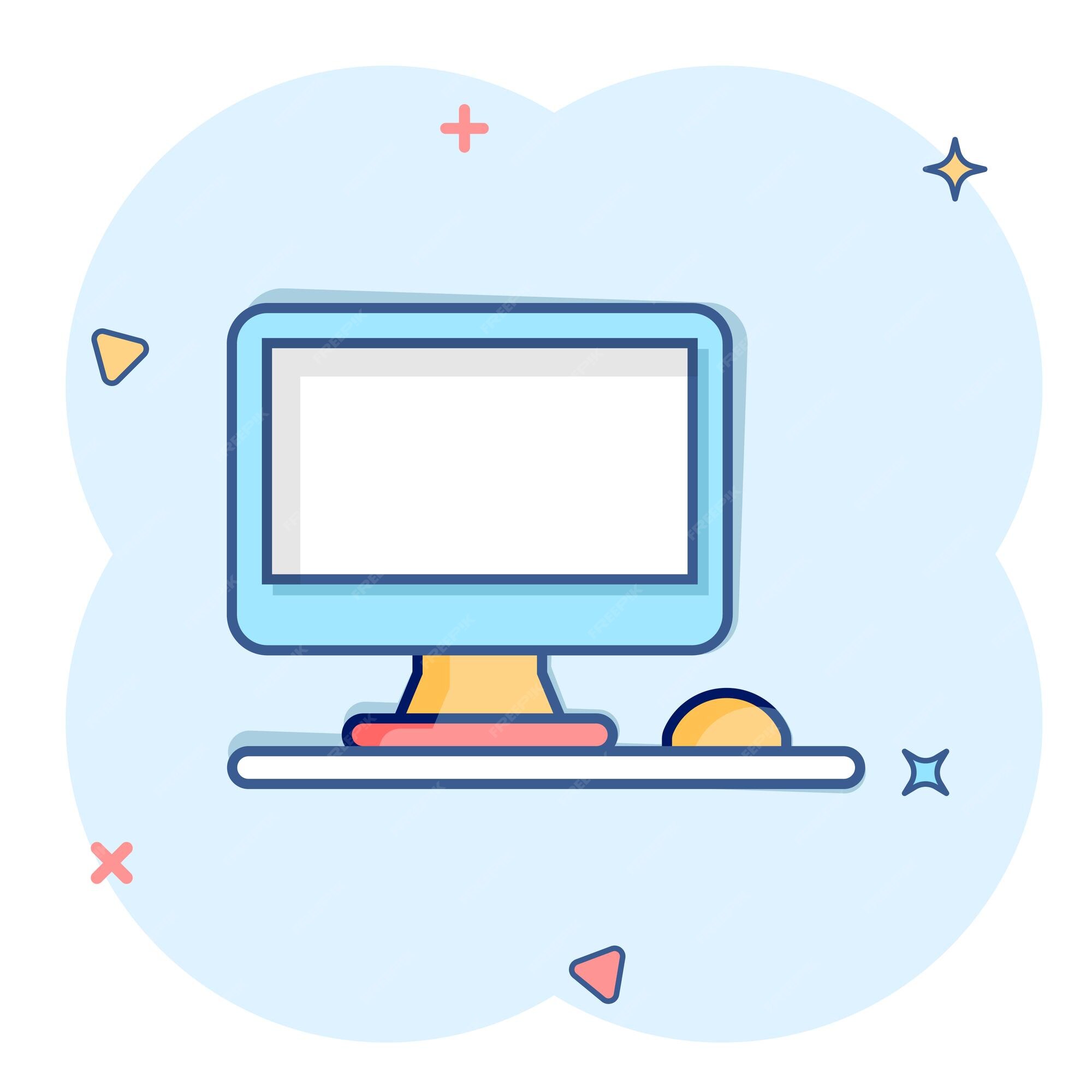 Computadora personal en estilo cómico ilustración de vector de dibujos animados de pc de escritorio sobre fondo aislado concepto de negocio de signo de efecto de salpicadura de pantalla de monitor | Computadora personal en estilo cómico ilustración de vector de dibujos animados de pc de escritorio sobre fondo aislado concepto de negocio de signo de efecto de salpicadura de pantalla de monitor |