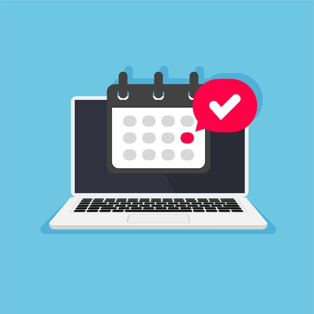 Computadora portátil con calendario y fecha resaltada en ella Fecha límite o notificación de recordatorio de evento
