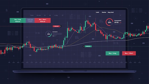 Vector computadora portátil con concepto de gráficos de comercio criptográfico inversión y comercio gráficos y diagramas económicos infografías y visualización de análisis de estadísticas de datos ilustración de vector plano