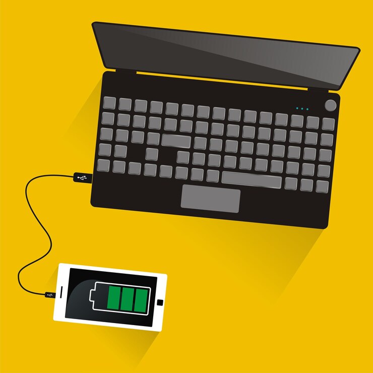 Vector computadora portátil conectada al teléfono inteligente vista superior tecnología de comunicación ilustración vectorial sombra larga