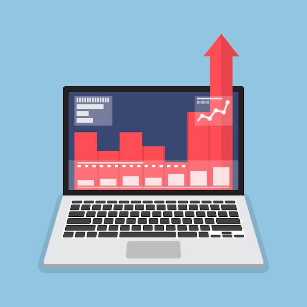 Vector computadora portátil con crecimiento de gráfico de negocios fuera del monitor