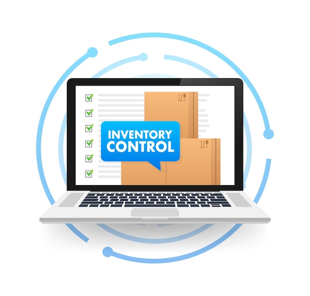 computadora portátil con un cuadro en la pantalla con texto Control de inventario en Speech Bubble Inventory Management