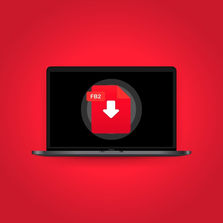 Vector computadora portátil y descargue el icono del archivo fb2. concepto de descarga de documentos. etiqueta fb2 y signo de flecha hacia abajo. vector sobre fondo aislado. eps 10.