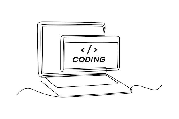 Computadora portátil de dibujo de una sola línea para codificar Concepto de código de programación Ilustración de vector gráfico de diseño de dibujo de línea continua