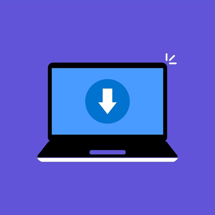 Vector computadora portátil de dibujos animados para archivos multimedia cargar elemento de diseño de pc gráfico moderno de tendencia de estilo plano simple aislado en el concepto de fondo púrpura de descarga fácil y rápida y transferencia o duplicado de documentos