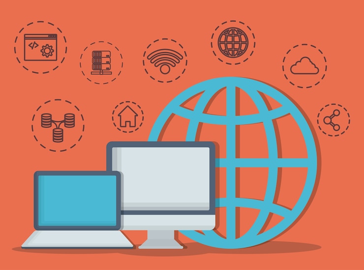 Vector computadora portátil y esfera global con centro de datos