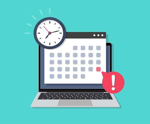 Computadora portátil con fecha límite de calendario y reloj en un diseño plano