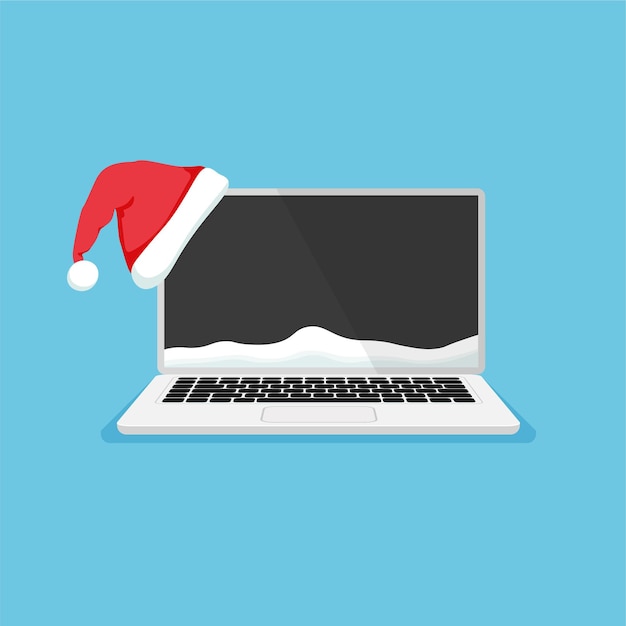 Computadora portátil con gorro de Papá Noel Computadora como un regalo para Año Nuevo y Plantilla de banner listo para Navidad
