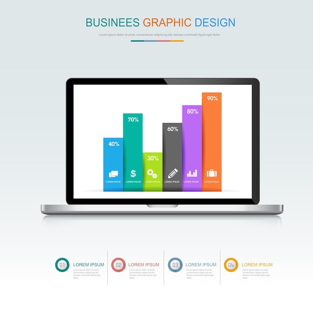 computadora portátil con gráfico de negocios en pantalla 3D e ilustración de diseño vectorial plano para banner web o presentación utilizada